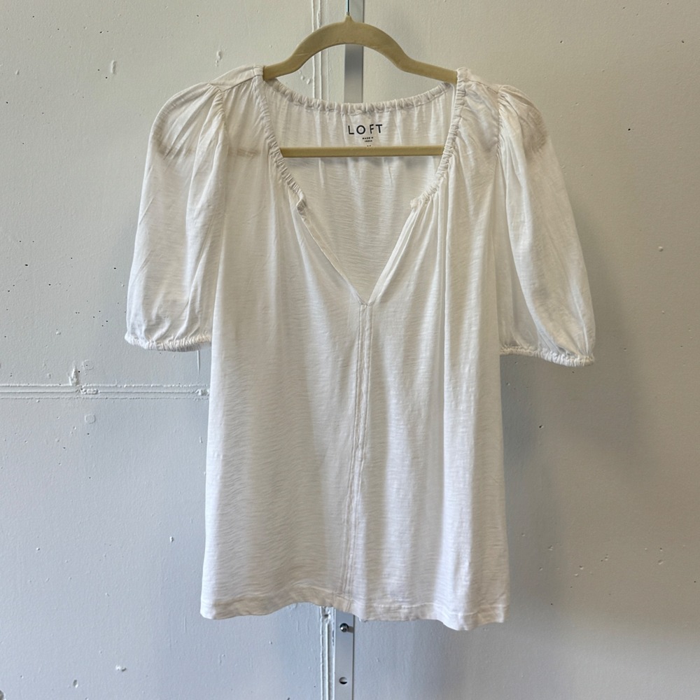 LOFT Cotton Slub Puff Sleeve Split Neck Blouse Top Medium 36801213 White Relaxed